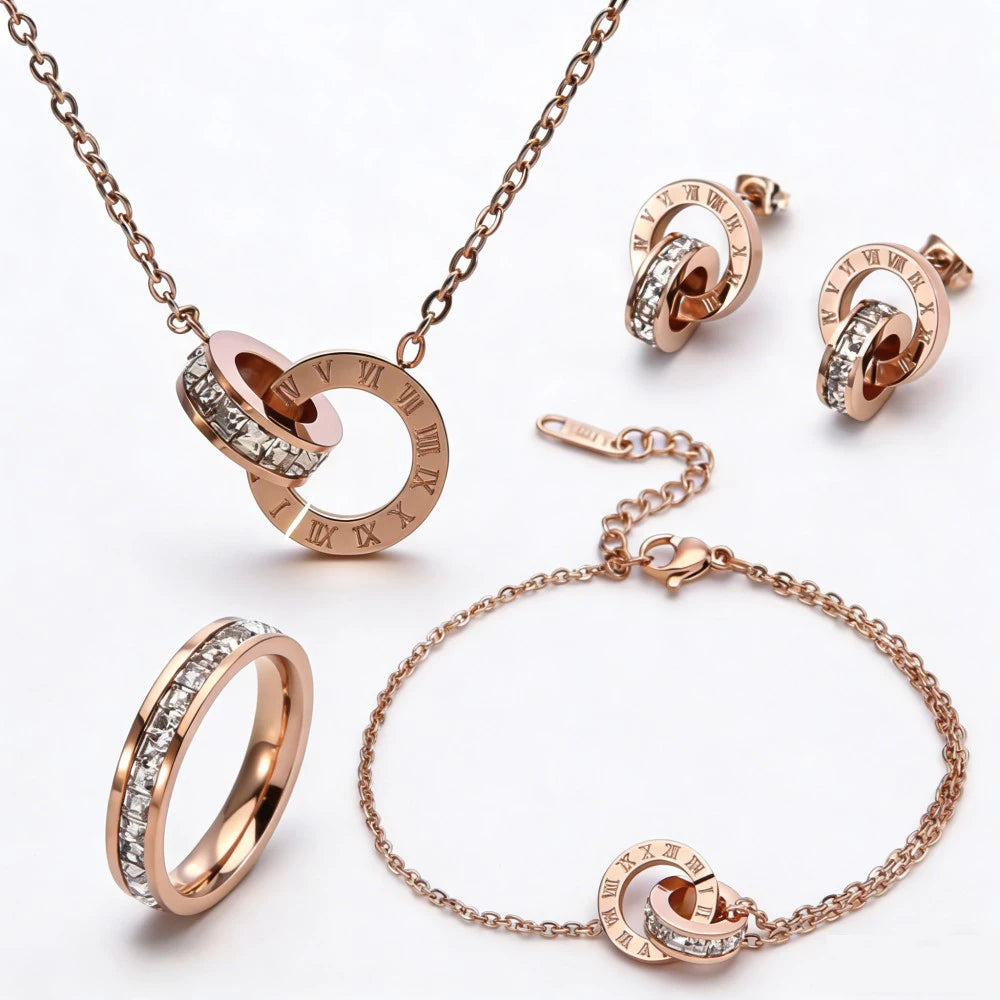 Classic Roman Numeral Zircon inlay Double Ring Earrings Necklace Bracelet Ring Size 7 Diverse Combinations With Fashion Jewelry