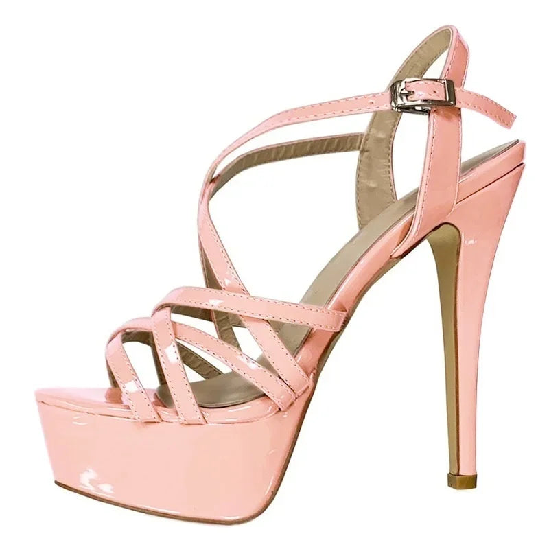 LOSLANDIFEN Women Sandals Sexy 14CM Platform High Heels Ankle Strap Sandal Open Toe Sanke Gladiator Party Dress Woman Shoes