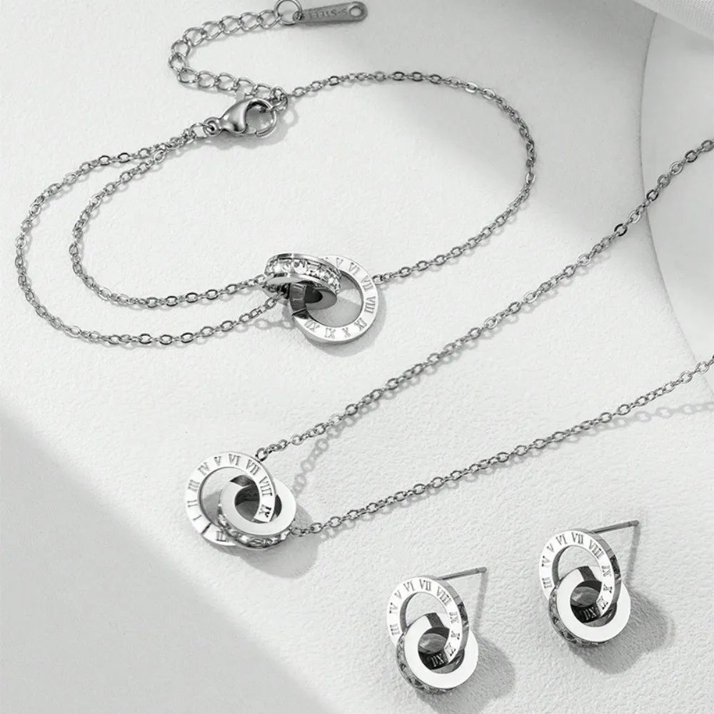 Classic Roman Numeral Zircon inlay Double Ring Earrings Necklace Bracelet Ring Size 7 Diverse Combinations With Fashion Jewelry