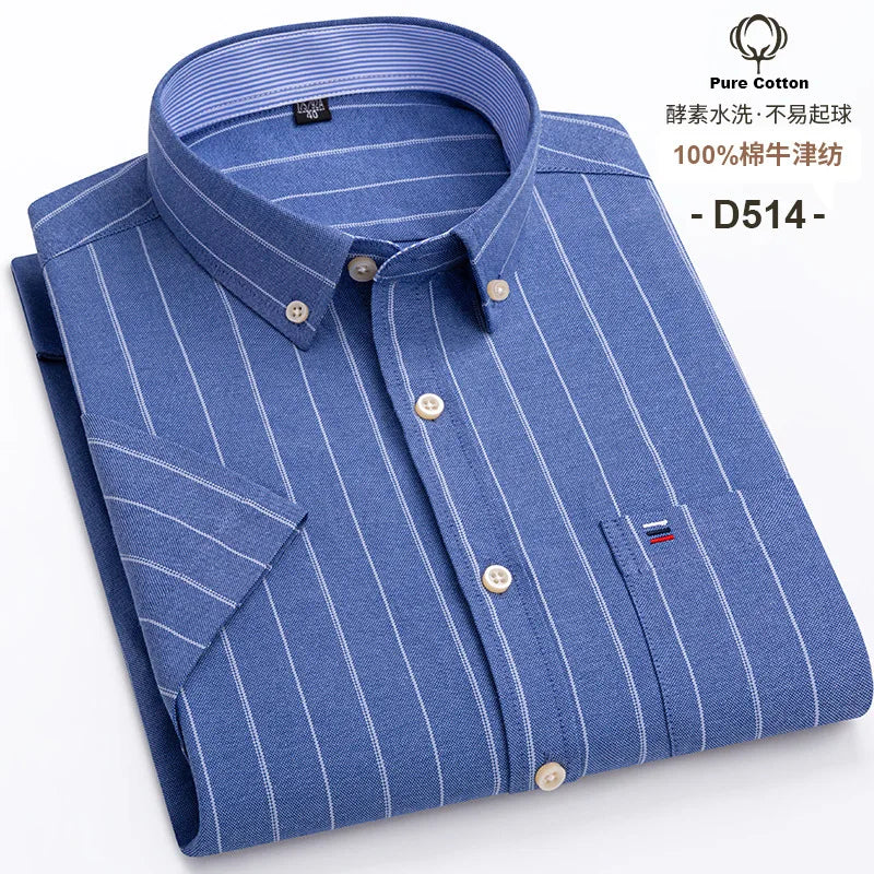 7XL Classic Men's Short Sleeve Shirt 100% Oxford Cotton Casual Plaid Stripe Shirt Business Men's Shirts Short Sleeve Large Size