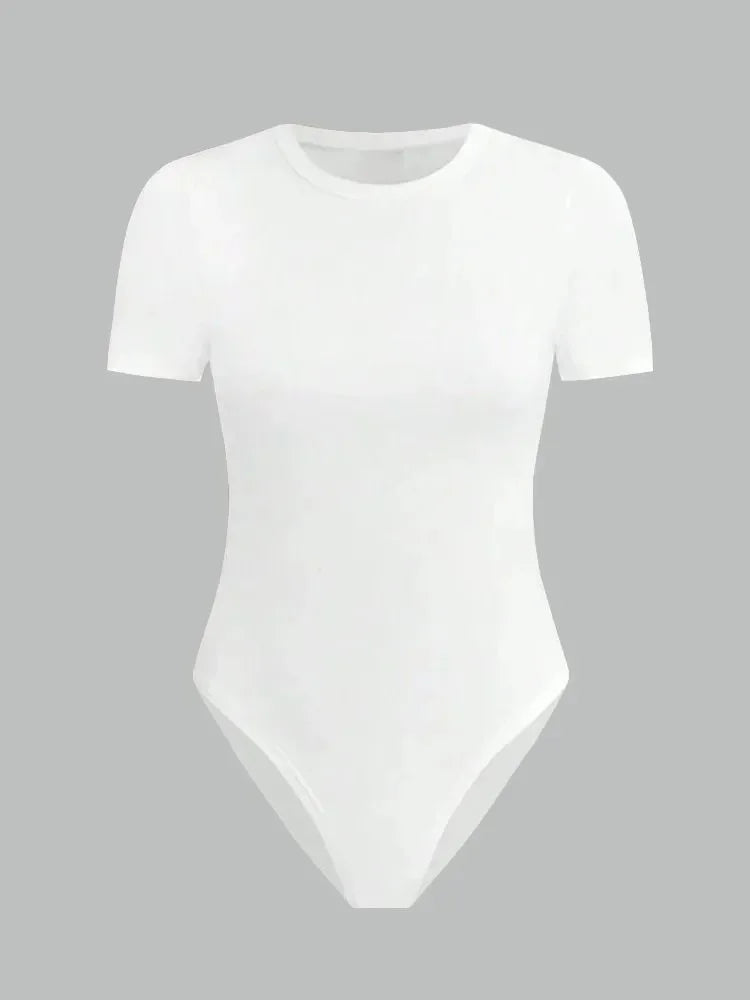 Solid Basic Short Sleeve Bodysuit for Women Summer Round Neck Bodycon Romper Bodysuit Blouse Streetwear