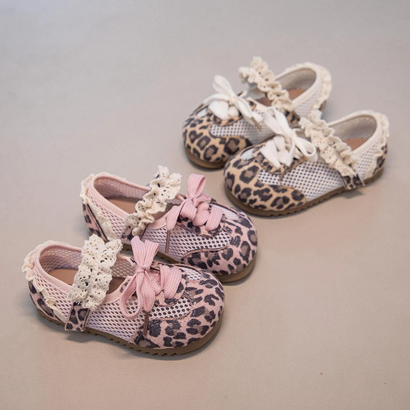 Girls Leopard Print Mesh Shoes Fashion Casual Sneakers Sweet Lace Trim Mesh Sneakers Adjustable Strap Summer Breathable Footwear