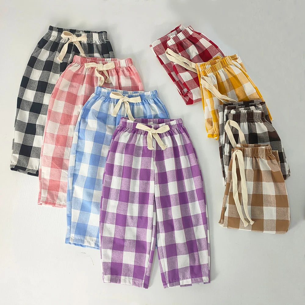 Spring Summer Kids Vintage Cotton Plaid Pant Boys Girls Loose Casual Pants Comfort Trousers For Girl Children's Clothing