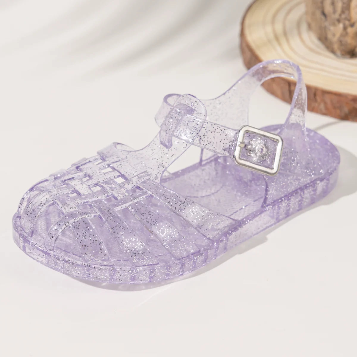 Summer Breathable Fashion Cartoon Print Cool Fine Glitter Sequins Jelly Shoes Adjustable PVC Girls Sandals