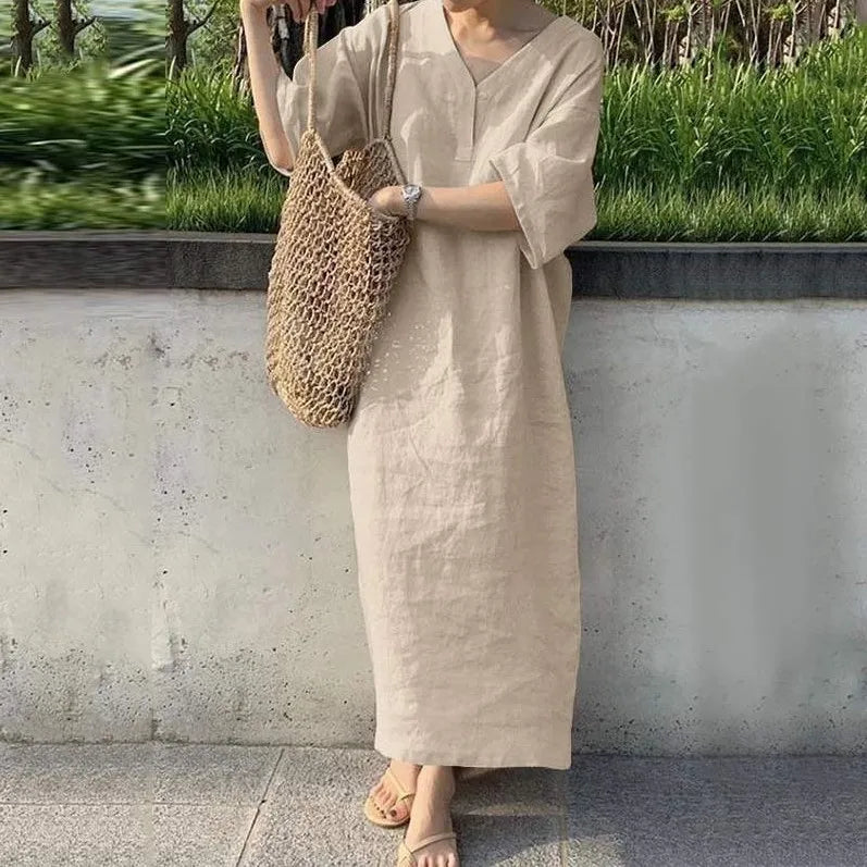 Casual Solid Color Cotton Linen Long Dresses Women Loose Short Sleeves V-neck Vintage Simple Style Lady Maxi Dress Summer New