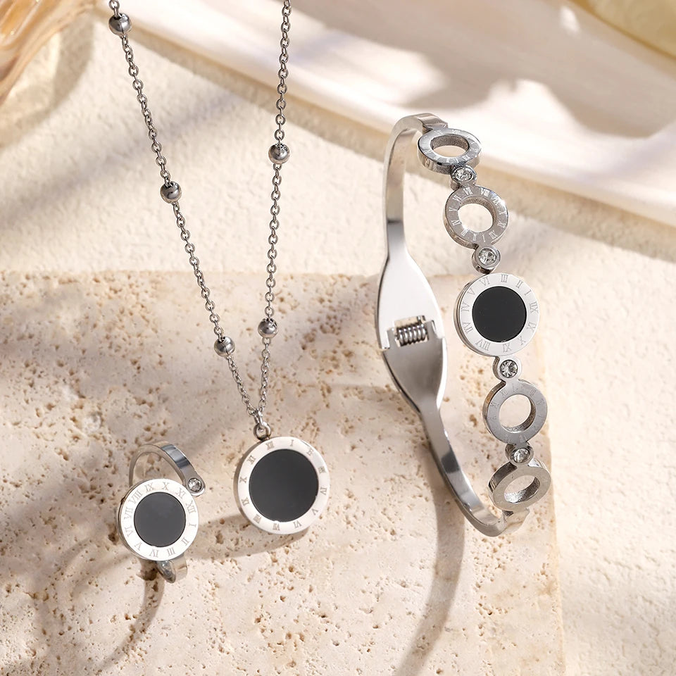 ZAKOL 3Pcs Fashion Roman Numerals Bracelet Ring Necklace Sets for Women Black Shell Hollow Circle Inlaid Zircon Jewelry Gift