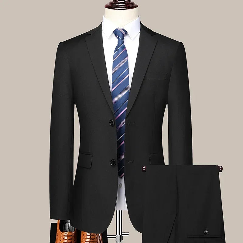 Solid Color Suit Men Fashion Business Outdoor Gentleman Trend Solid Color Casual Slim-fit Wedding Host Gentleman (Blazer+Pants)