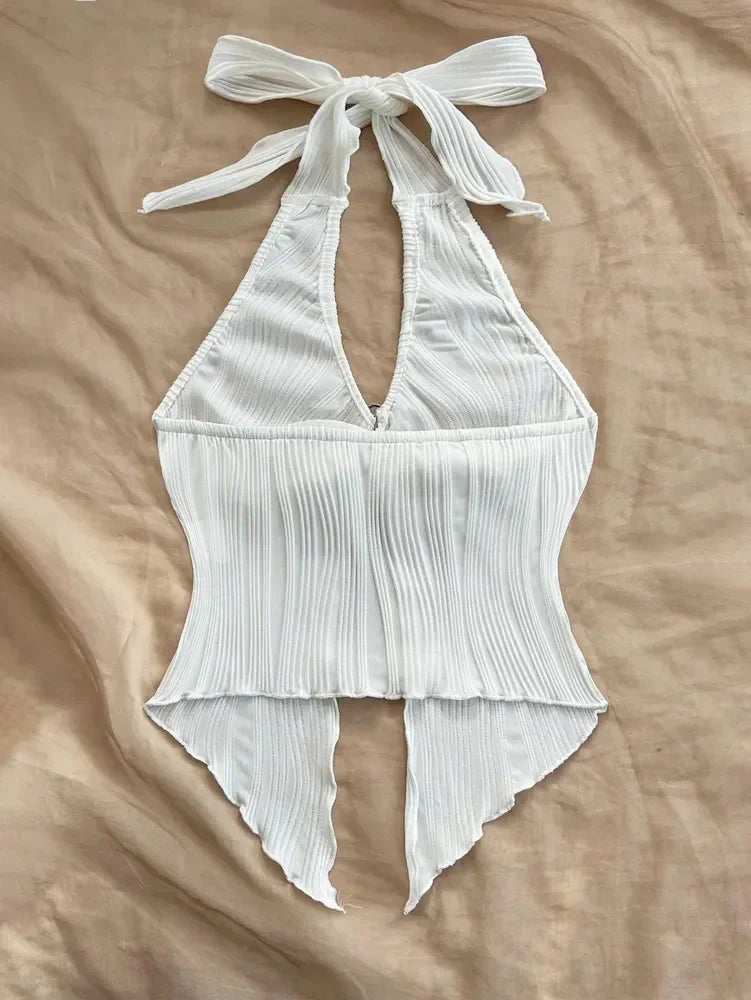 Sexy V-neck Halter Neck Crop Top for Women Summer Sleeveless Solid Split Backless Top Y2K Clothes