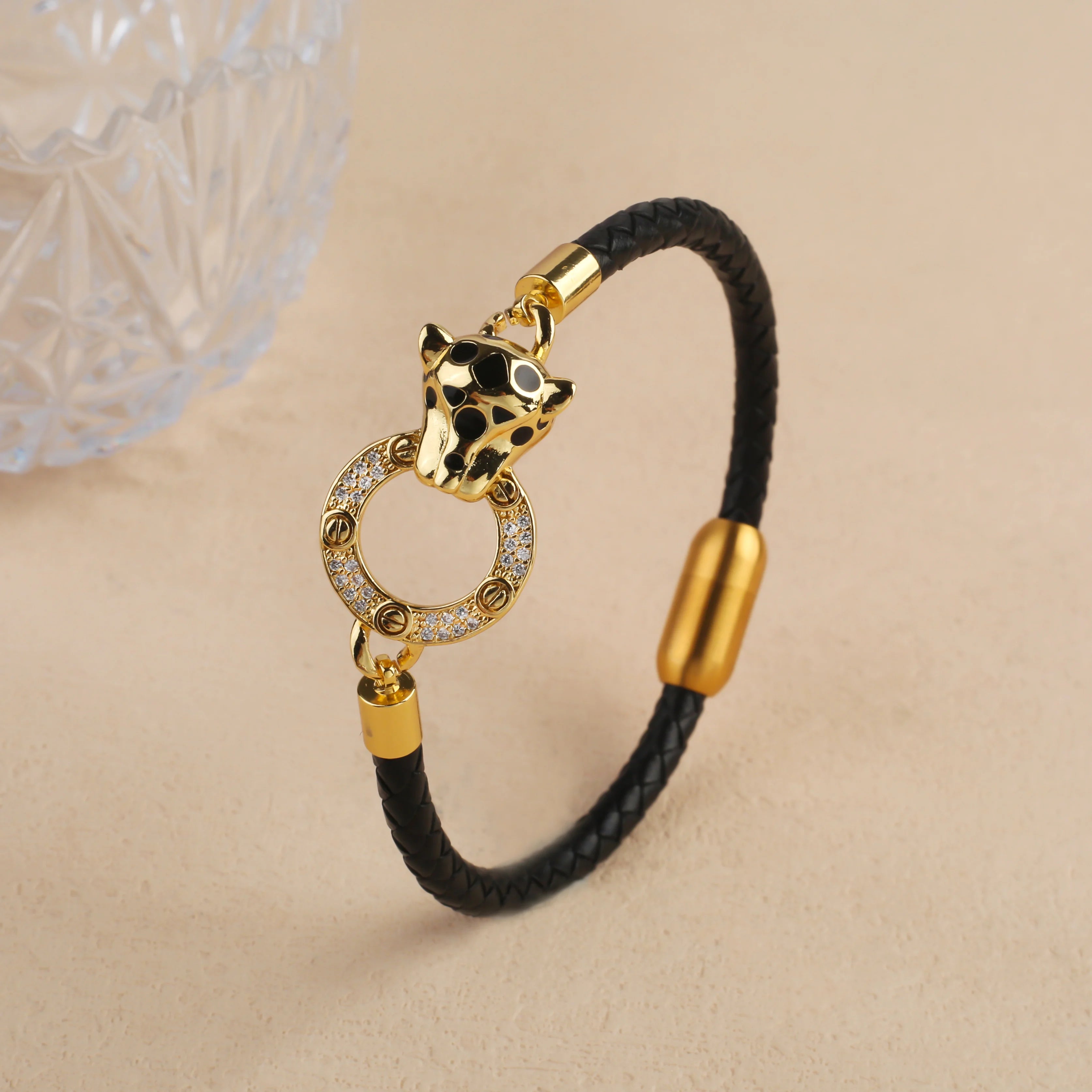 Bully Animal Style Leopard Head Braided Leather Rope Bracelet Fashion for Man Woman Stainless Steel Zirconia Jewelry Daily Wear