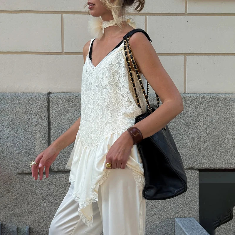 Tornova Lace Splice Sling Vest T shirt Lady Irregular See Through Sexy Top V neck Hot Girl Casual Party Commuting Tanks Fashion