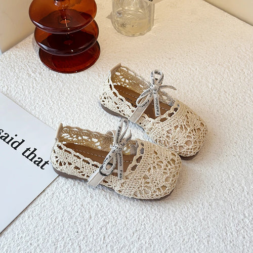 Bow Mesh Girls Flats Shoes Hollow Out Lace Solid Kids Princess Shoes Hook Loop Non Slip Toddler Children Fashion Shoes
