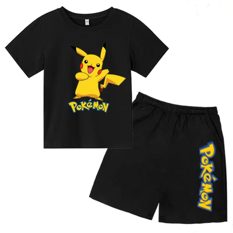 Children's T-shirt Cool Summer Anime Pikachu Print Boys Girls 3-12Years Pokemon Clothing Cartoon Short-sleeved+Shorts Casual Set