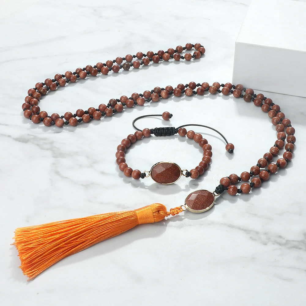 Fashion Natural Stone Beads Necklace & Bracelet Set Women Men Classic Long Tassel Pendant Necklace Yoga Healing Bohemian Jewelry