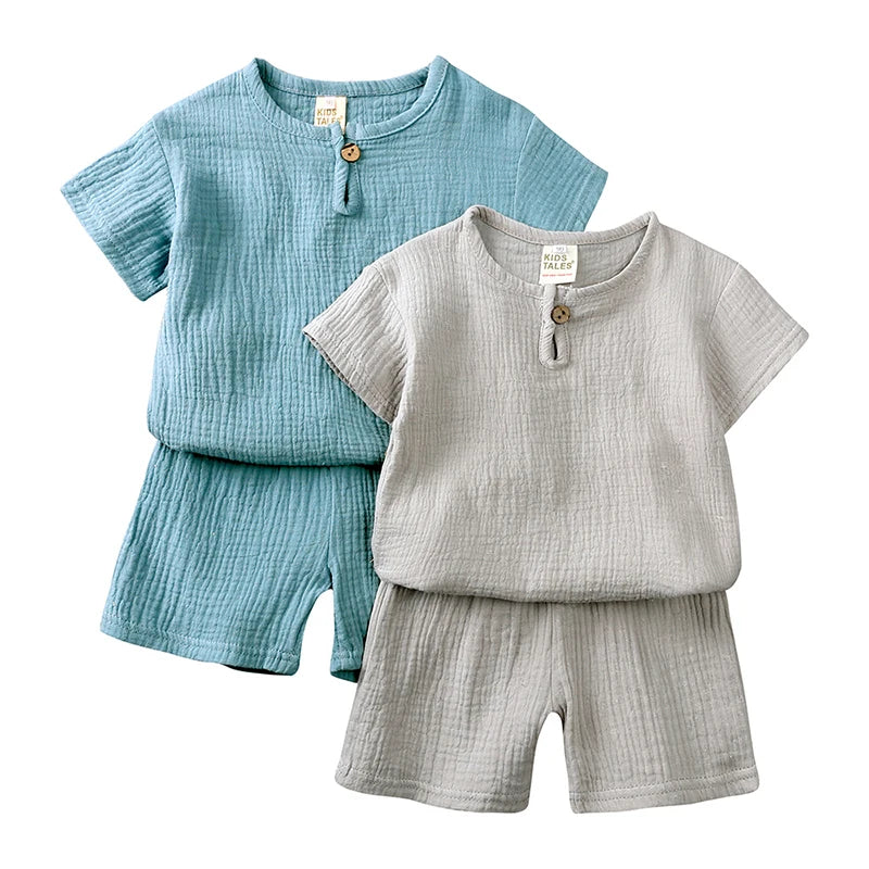 2026 Toddler Summer Boy Girl Outfits Cotton Linen Solid T-shirt Shorts Clothes For Children Korean Casual Breathable Clothes Set