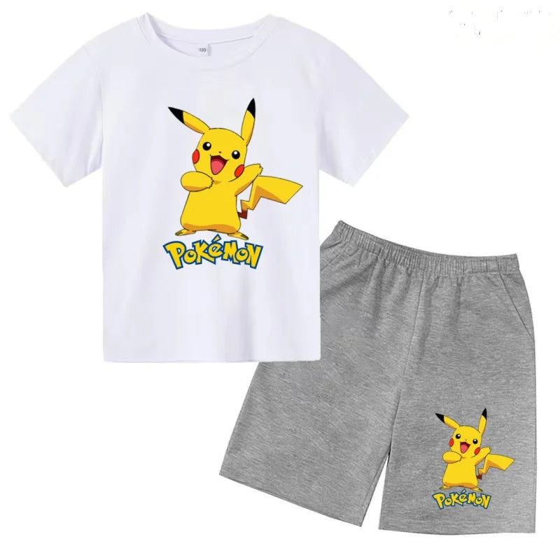 Children's T-shirt Cool Summer Anime Pikachu Print Boys Girls 3-12Years Pokemon Clothing Cartoon Short-sleeved+Shorts Casual Set
