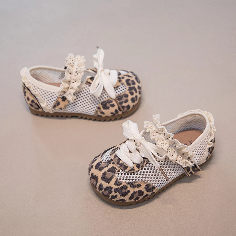 Girls Leopard Print Mesh Shoes Fashion Casual Sneakers Sweet Lace Trim Mesh Sneakers Adjustable Strap Summer Breathable Footwear