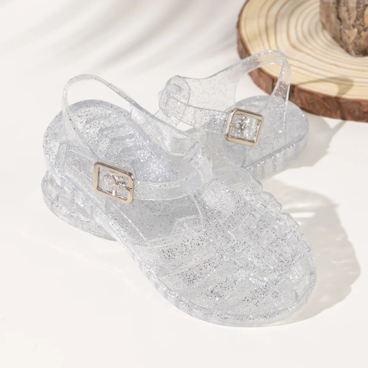 Summer Breathable Fashion Cartoon Print Cool Fine Glitter Sequins Jelly Shoes Adjustable PVC Girls Sandals