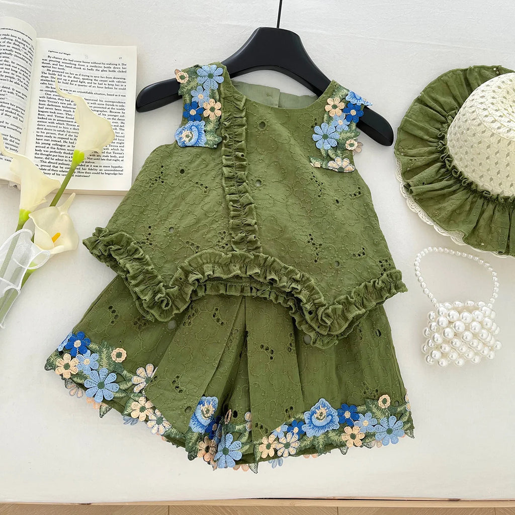 Summer Girl Dress 3psc Set Hat+Top+Short Pants Green Clothing Kids Dresses and Suit Big Bow Fashion Top and Bottom Short Set