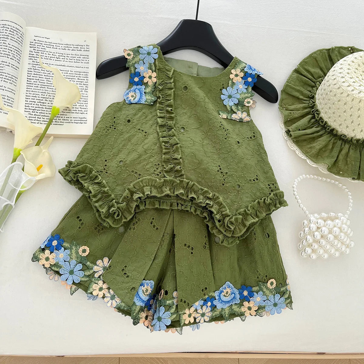 Summer Girl Dress 3psc Set Hat+Top+Short Pants Green Clothing Kids Dresses and Suit Big Bow Fashion Top and Bottom Short Set