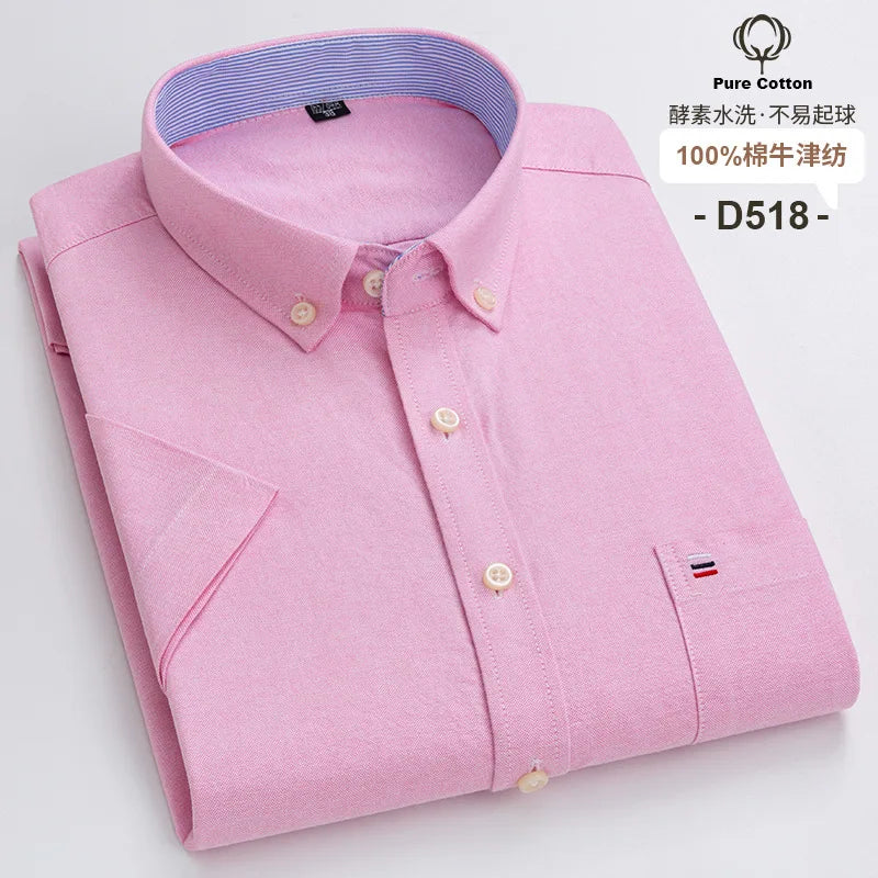7XL Classic Men's Short Sleeve Shirt 100% Oxford Cotton Casual Plaid Stripe Shirt Business Men's Shirts Short Sleeve Large Size
