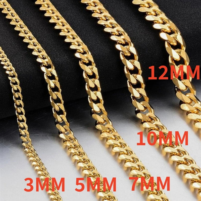 HNSP 3-12MM Stainless Steel Chain Cuban Link Necklace For Men Punk Style Jewelry Accessories Black Chain Yellow Gold Color