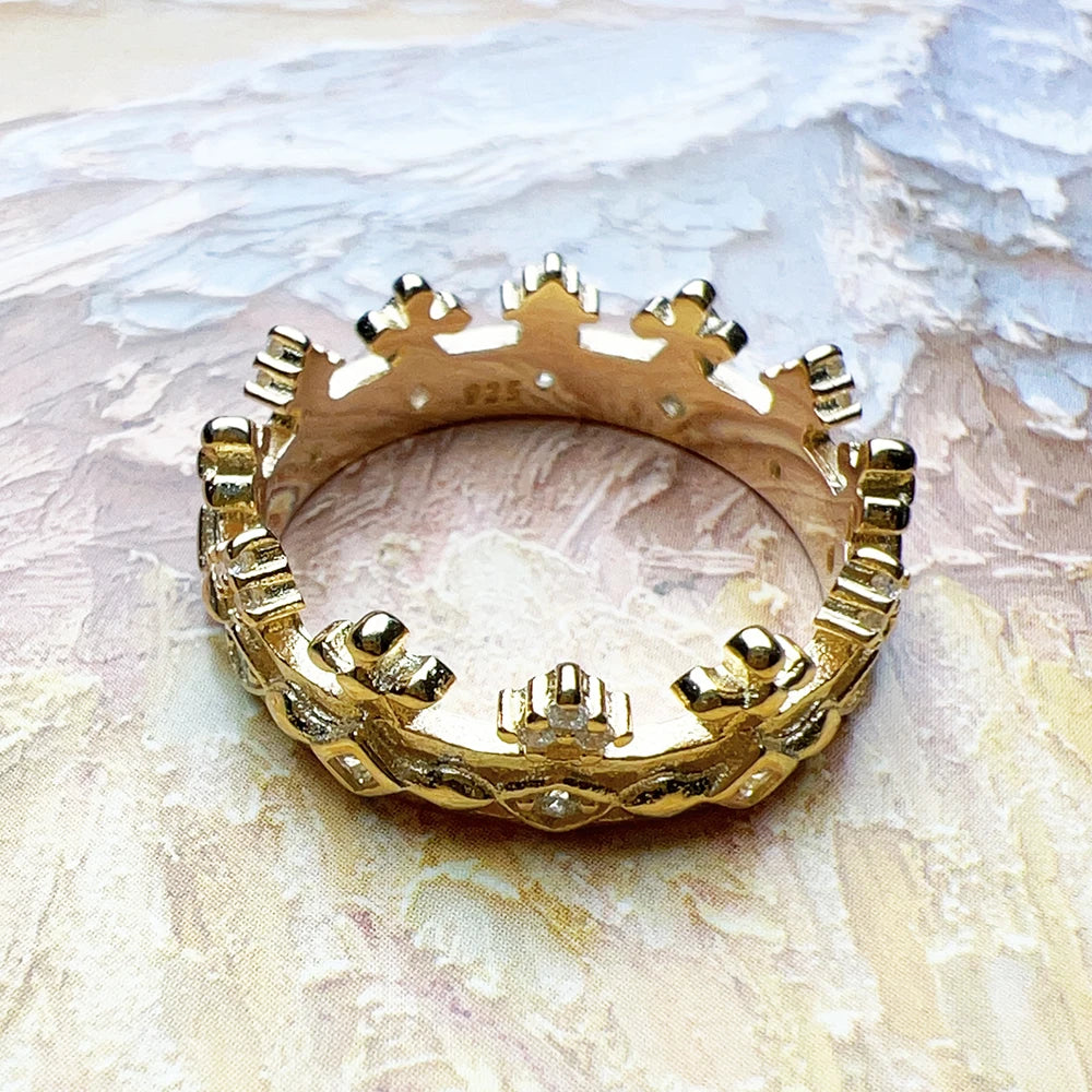 Ring Crown Gold Europe Style Fine Jewelry For Women Summer Brand New Pure 925 Sterling Silver Classic Gift