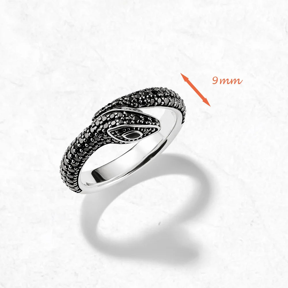 Black Stone Pave Snake Ring Europe Style Jewelry For Girls Women Brand New Vintage Gift In Solid 925 Sterling Silver