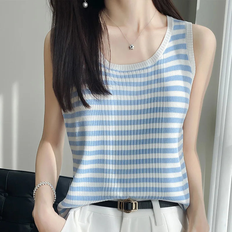 100% pure wool ice silk black-and-white striped knit sling women's round neck sleeveless top slim joker vest in summer