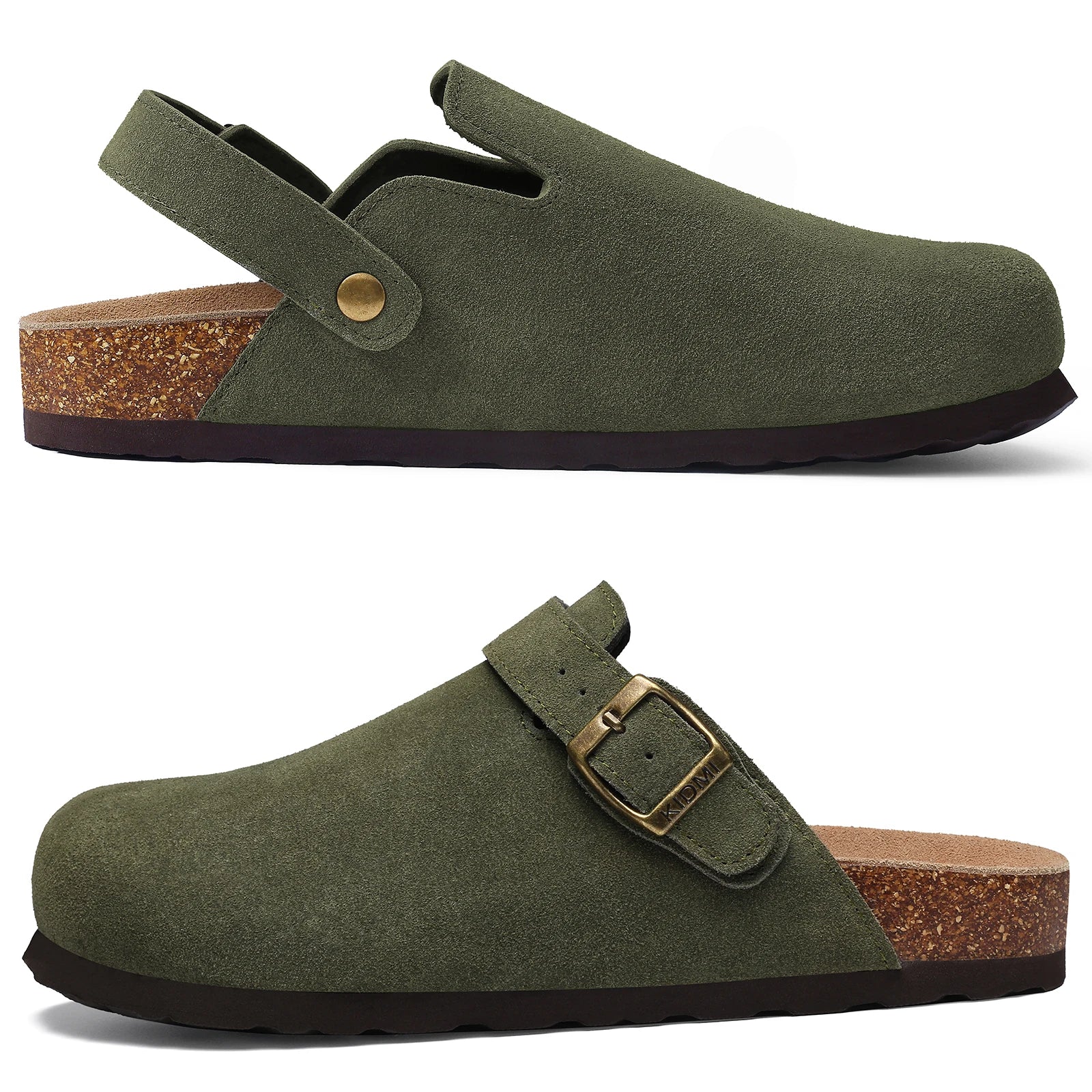 Shevalues Women Cow Suede Clogs With Adjustable Buckle Cork Leather Mules Comfortable Slip on Women Slippers Outdoor Cork Clogs