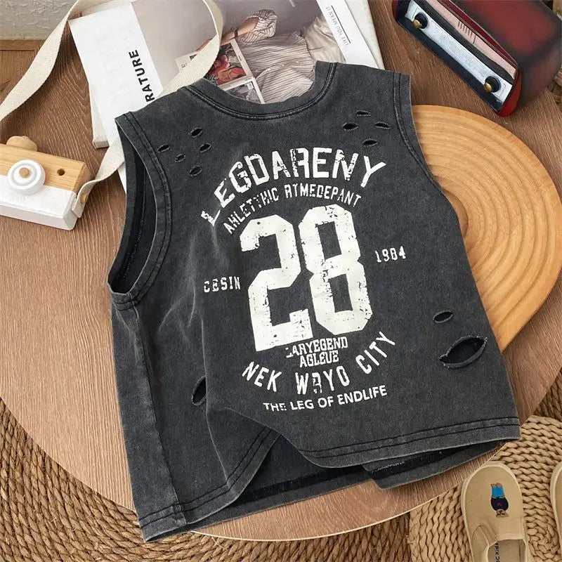 Summer Handsome Boys New Black Pure Cotton Sleeveless Perforated T-shirt Loose Style Baby Children Tank Top