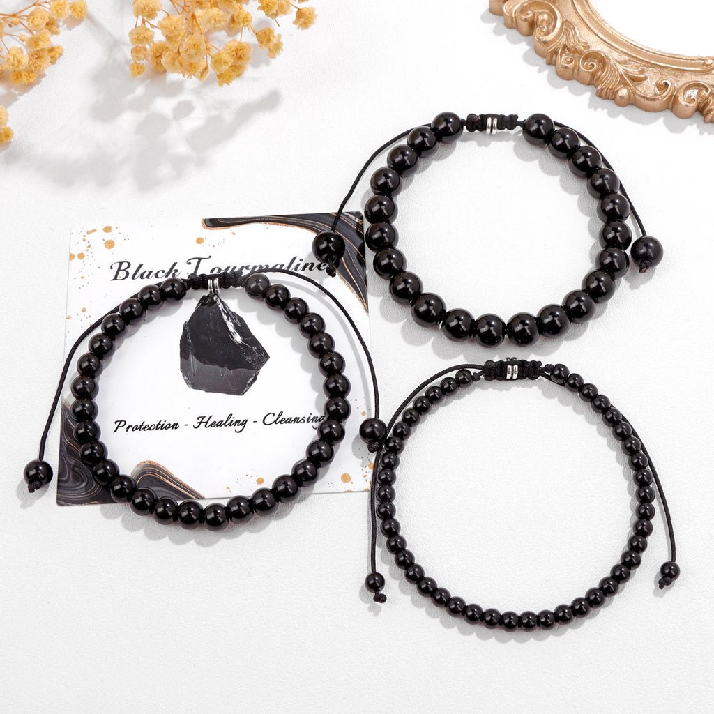4/6/8mm Natural Black Tourmaline Stone Beads Bracelet Healing Energy Bracelets Adjustable Rope Braided Bracelet with Card Gifts