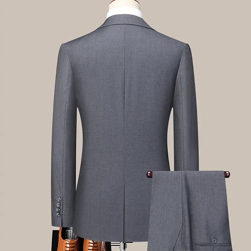 Solid Color Suit Men Fashion Business Outdoor Gentleman Trend Solid Color Casual Slim-fit Wedding Host Gentleman (Blazer+Pants)