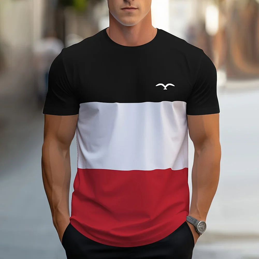 Fashion Splicing Stripes Print T Shirt For Men Casual O-neck Short Sleeve Pullover Summer Breathable Loose Tops Street Trend Tee
