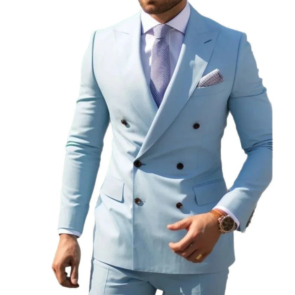 Casual British Style Two-Piece Suit Wedding Groomsmen Hosts Formal Dress Men's Fashion Urban Summer Single Button Pure Color