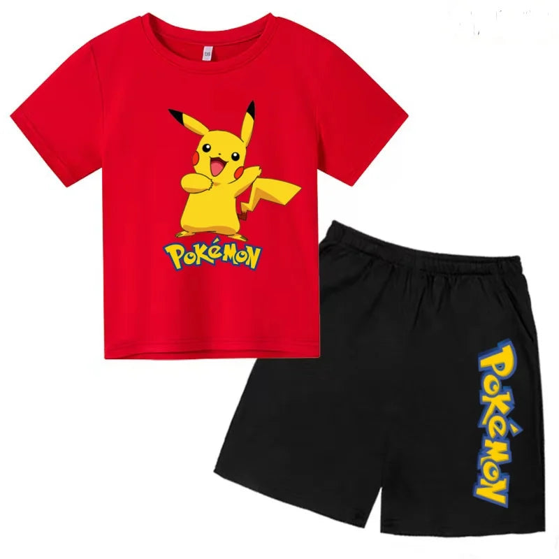 Children's T-shirt Cool Summer Anime Pikachu Print Boys Girls 3-12Years Pokemon Clothing Cartoon Short-sleeved+Shorts Casual Set
