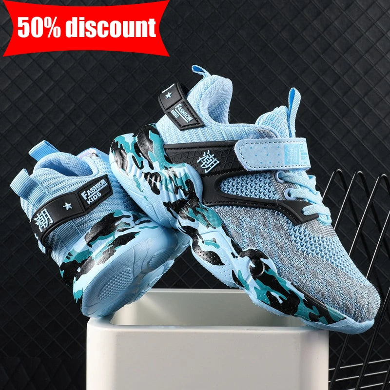 Childrens Sports Shoes Street Fashion Comfortable Walking Soft Soled Casual Shoes Boys Breathable Mesh Tennis Training Shoes