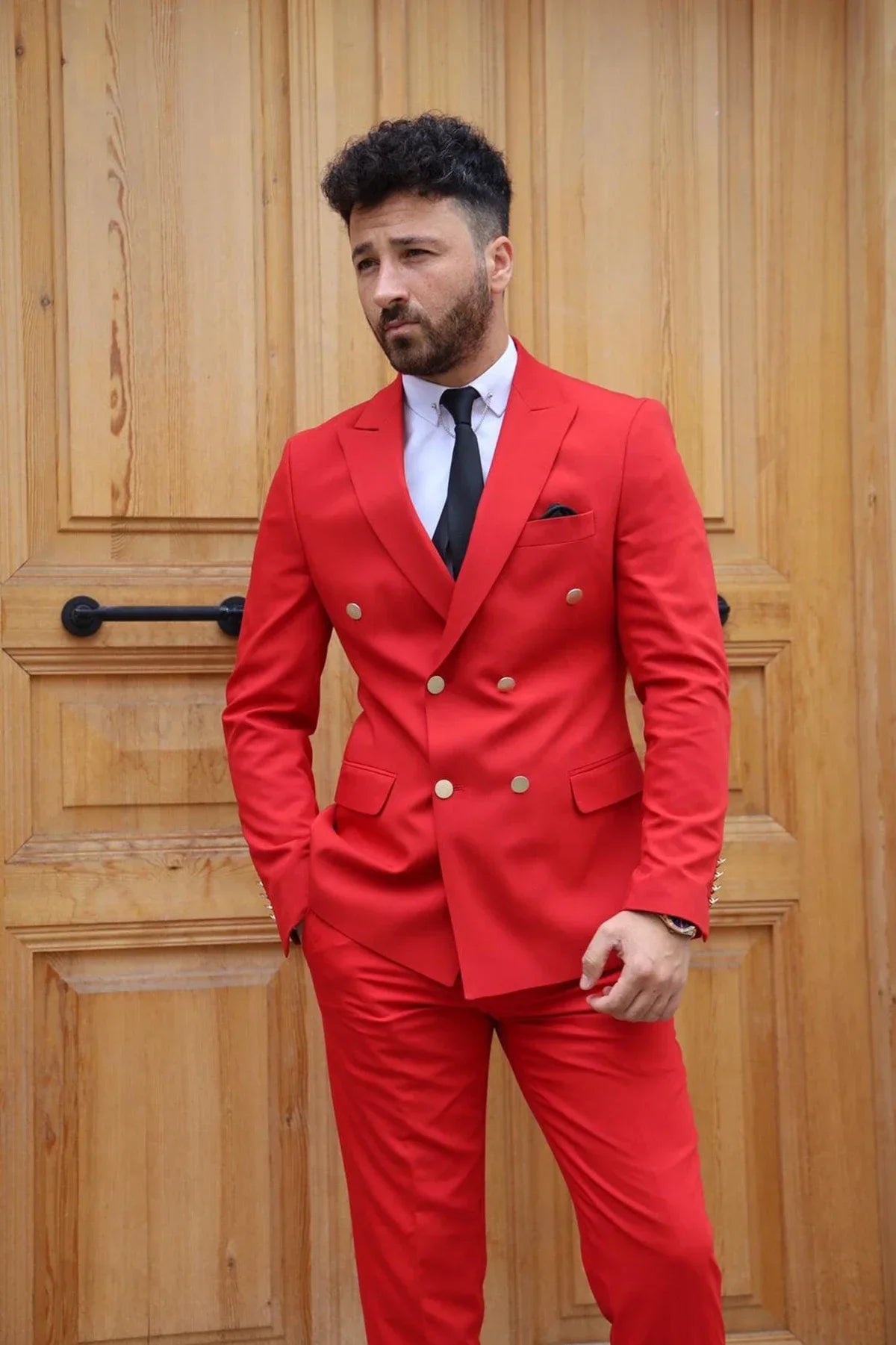 2-piece  Red Men Suit Blazer Pants Double Breasted Peaked Lapel Business Slim Wedding Groom Tailored Costume Homme
