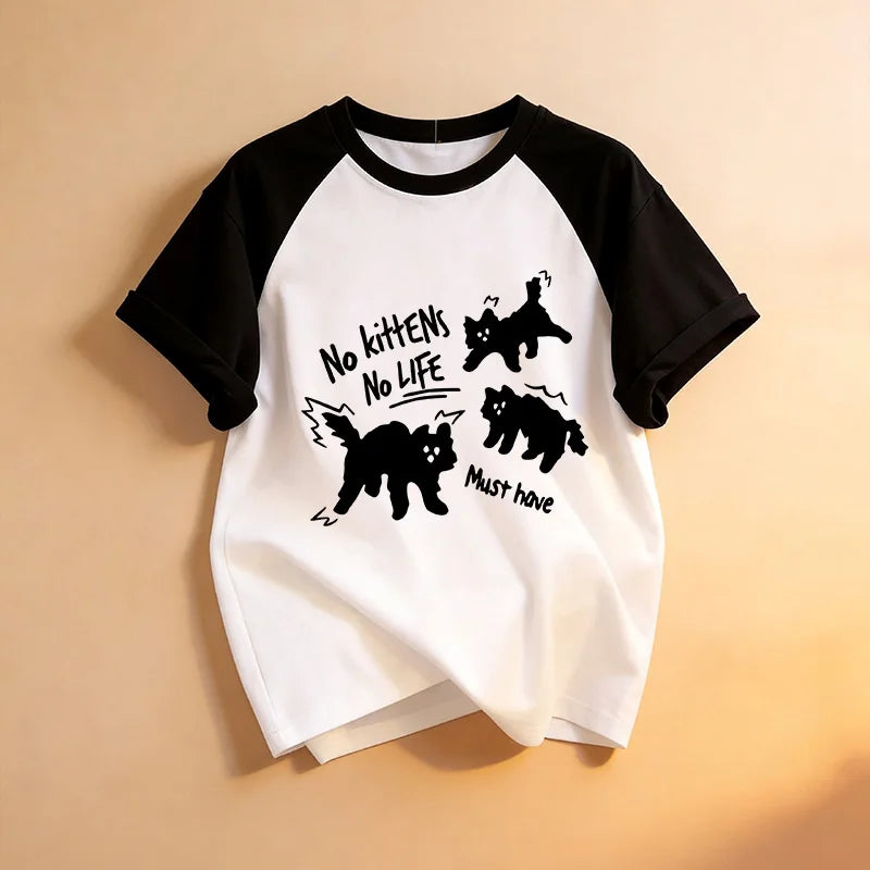 Funny Kawaii T Shirt Retro Black Cat Letter Print Crew Neck T-Shirt Casual Short Sleeve Tops for Spring Summer Women's Clothing