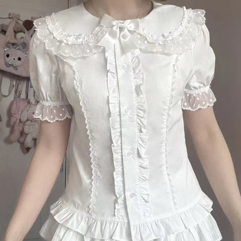 Matakawa Ruffles Blouses Spring Summer Japanese Style Puff Sleeve Fashion Women Shirts Retro Sweet Peter Pan Collar Blusas Mujer
