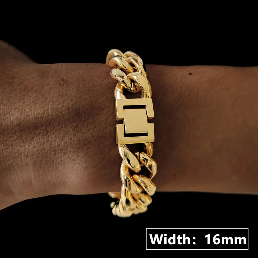 14/16/18mm Stainless Steel Cuban Link Bracelet Men Gold Silver Plated Hip Hop Chunky Chain Wristband Jewelry Gift