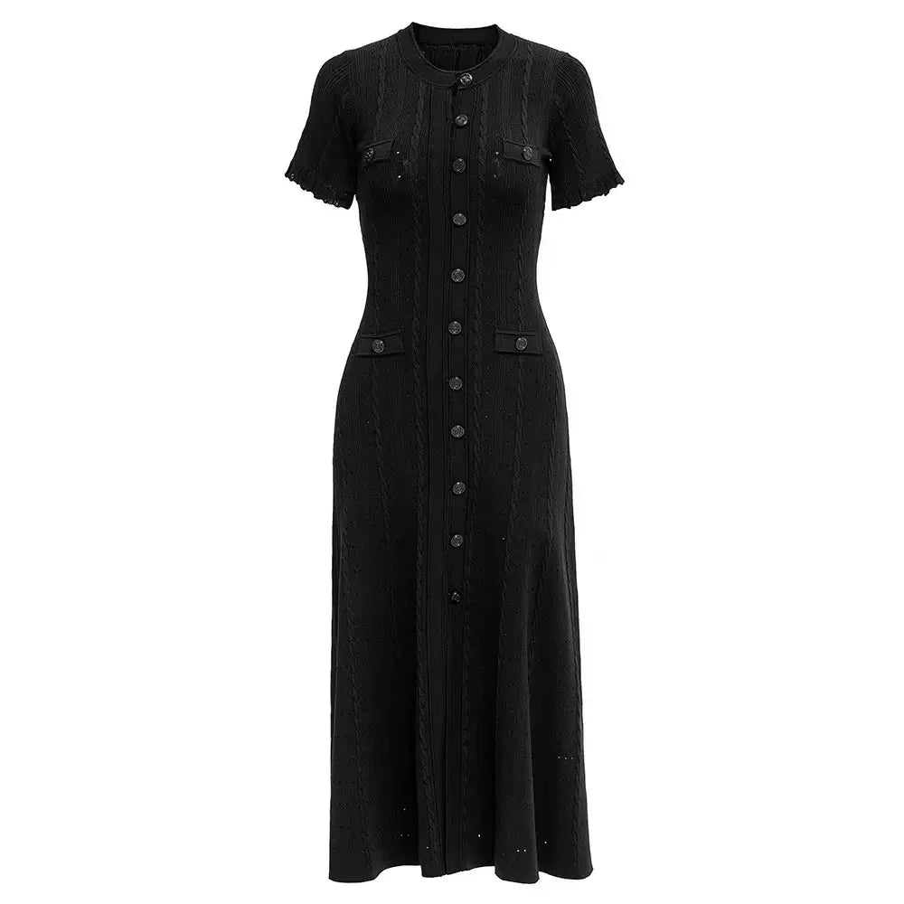 Vintage Cable Knit Midi Dress Button Front Ruffled Short Sleeve Pocket Design Elegant Party Casual Knitted Dress