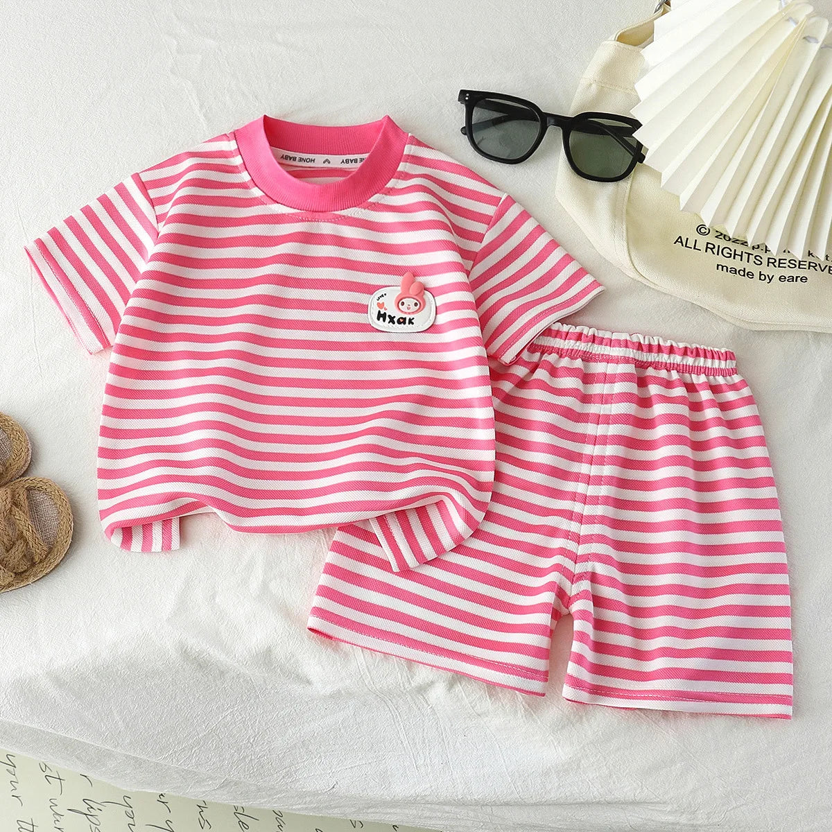 1Set Kid Clother Set Children Black White Stripe Print Short Sleeve T-Shirt Shorts Boy Girl Top Toddler Baby Leisure Sport Suits