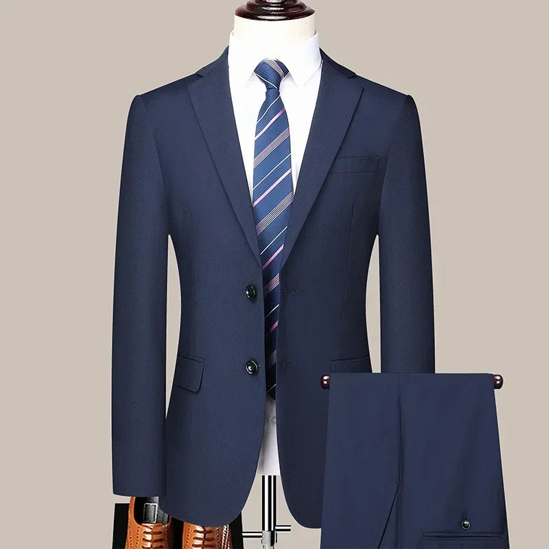 Solid Color Suit Men Fashion Business Outdoor Gentleman Trend Solid Color Casual Slim-fit Wedding Host Gentleman (Blazer+Pants)