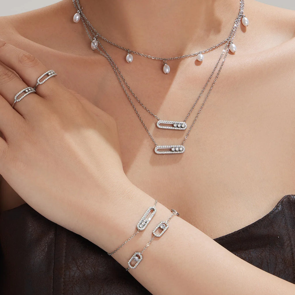 Shiny Zircon Pendant Necklaces Bracelets Rings 18k Gold Plated Stainless Stee Chain Necklace Bracelet Ring Jewelry Set for Women