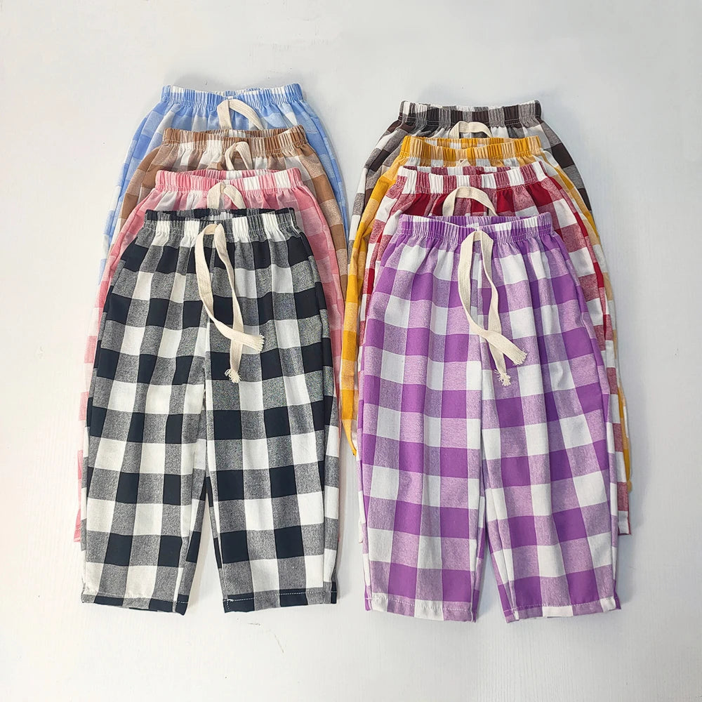 Spring Summer Kids Vintage Cotton Plaid Pant Boys Girls Loose Casual Pants Comfort Trousers For Girl Children's Clothing
