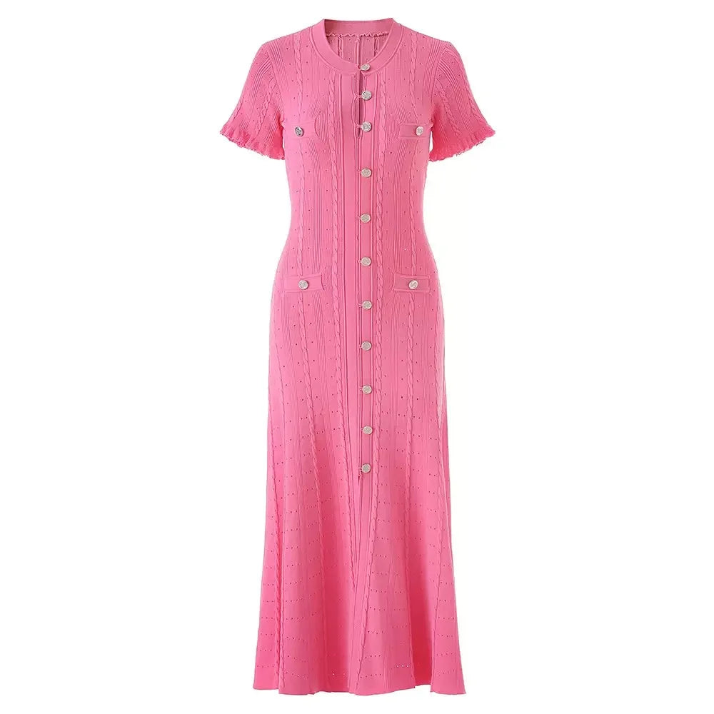 Vintage Cable Knit Midi Dress Button Front Ruffled Short Sleeve Pocket Design Elegant Party Casual Knitted Dress