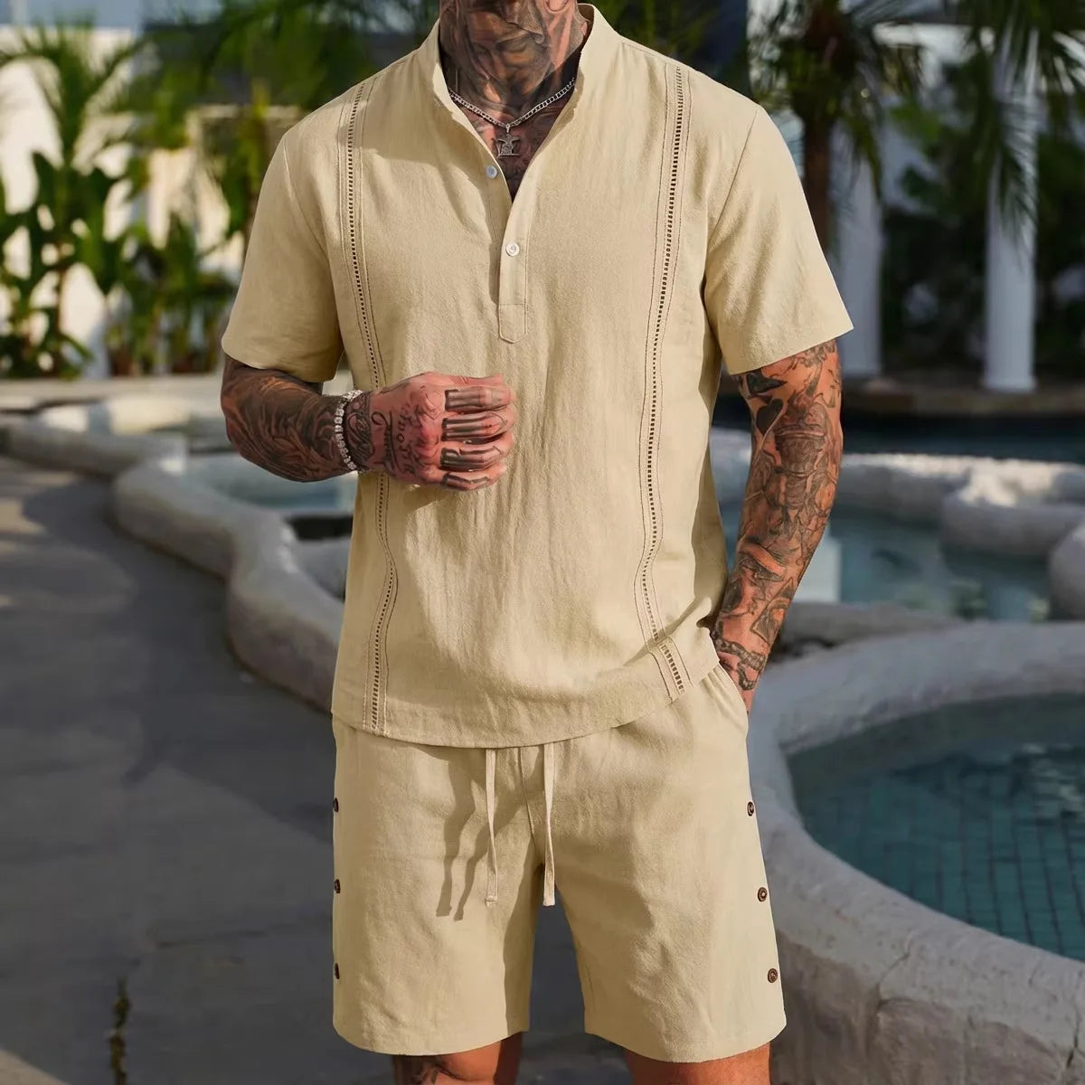 Summer best-selling men's cotton and linen fashionable casual personalized breathable short-sleeved short pants set