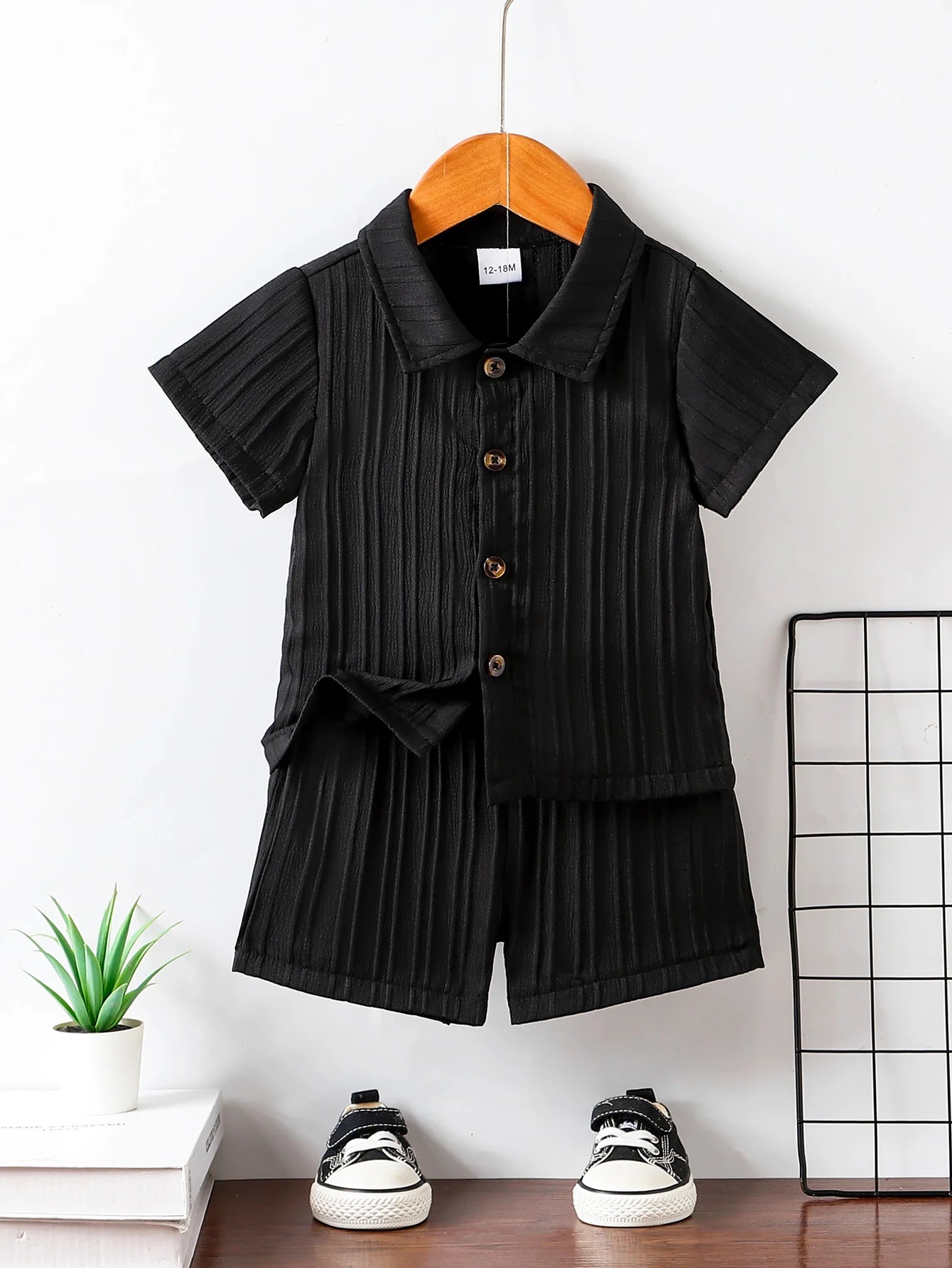 2026 Spring Summer Baby Boy Textured&Ribbed Short Sleeve Shirt & Shorts2-Piece Sets2-6Years: Soft Fabric Easy Wear Home Outdoor