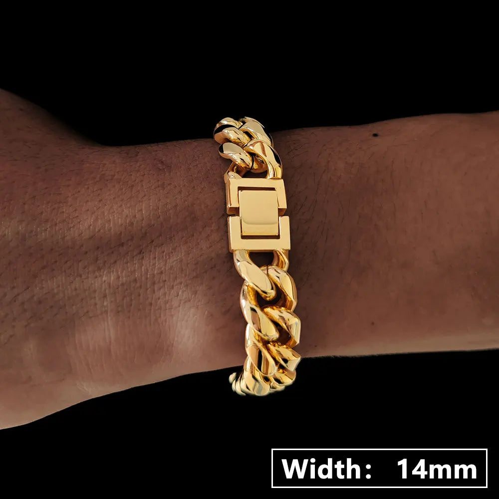 14/16/18mm Stainless Steel Cuban Link Bracelet Men Gold Silver Plated Hip Hop Chunky Chain Wristband Jewelry Gift