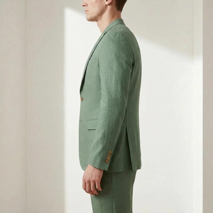 Sage Green Linen Men Suit for Wedding Beach 3 Pieces Slim Fit Groom Tuxedo for Groomsmen Wear Prom Party (Jacket + Pants + Vest)
